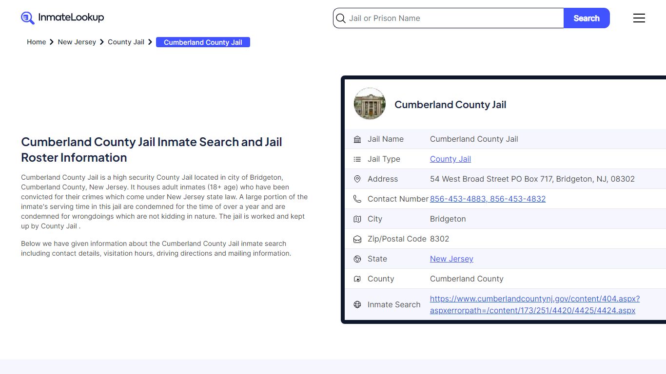 Cumberland County Jail Inmate Search - Bridgeton New Jersey - Inmate Lookup
